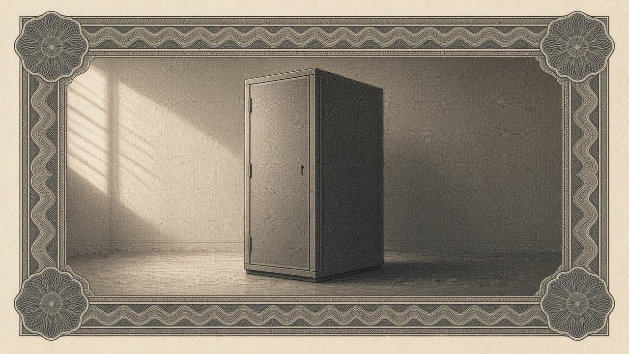 A single server rack stands in a dim, empty room, half lit by window light and half in shadow, a small keyhole on its plain door.