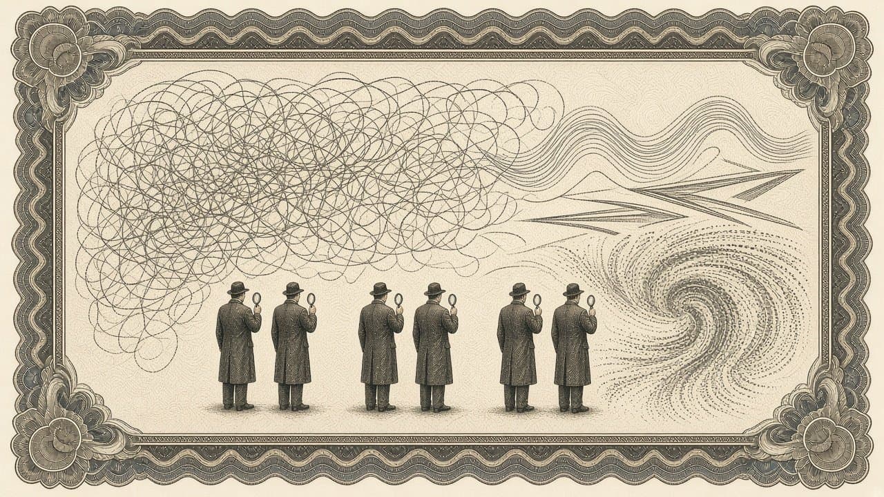 A wall of abstract chalk-like scribbles dissolving into a waveform, a needle sweep and swirling particle tracks, with pairs of scholars seen from behind holding magnifying glasses.