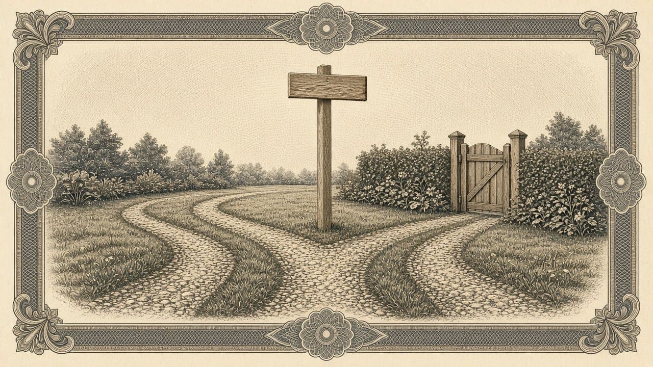 Four cobbled garden paths wind across a lawn and meet at a wooden signpost with a blank board, beside a closed gate in a hedge.