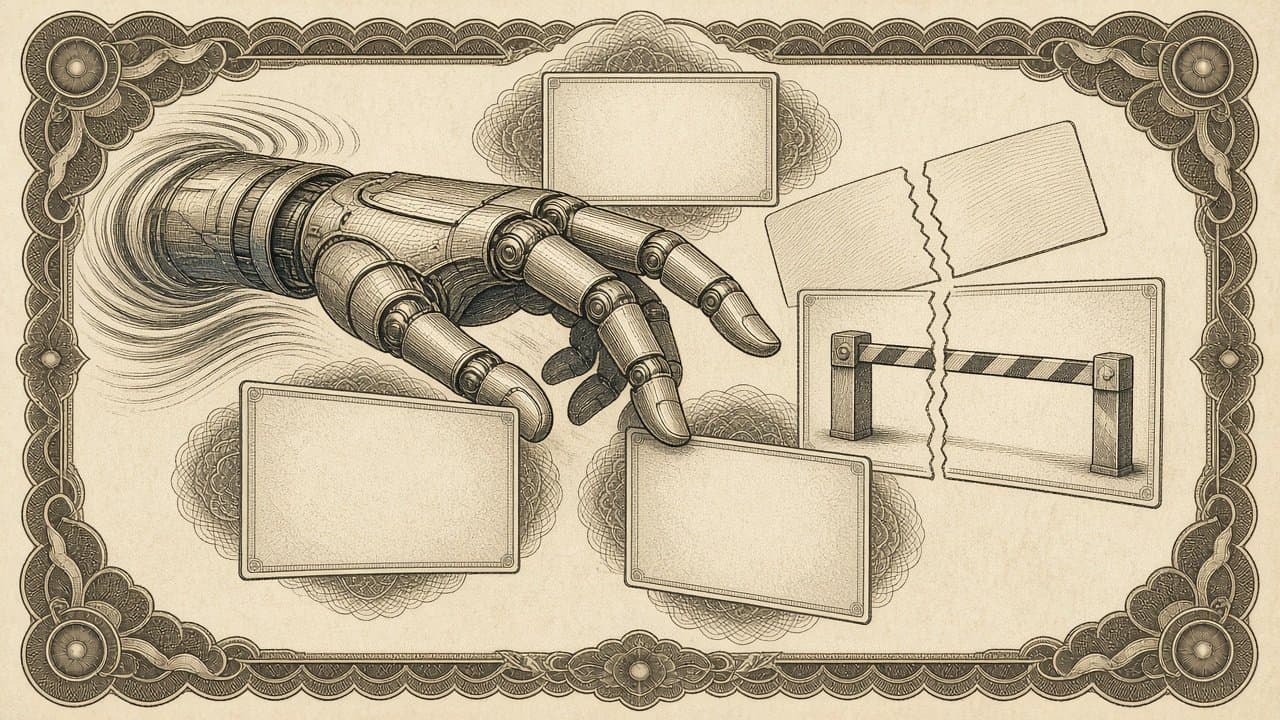 A robotic hand moving across several blank floating windows, with a price tag cut in half and a plain barrier gate the hand routes around.