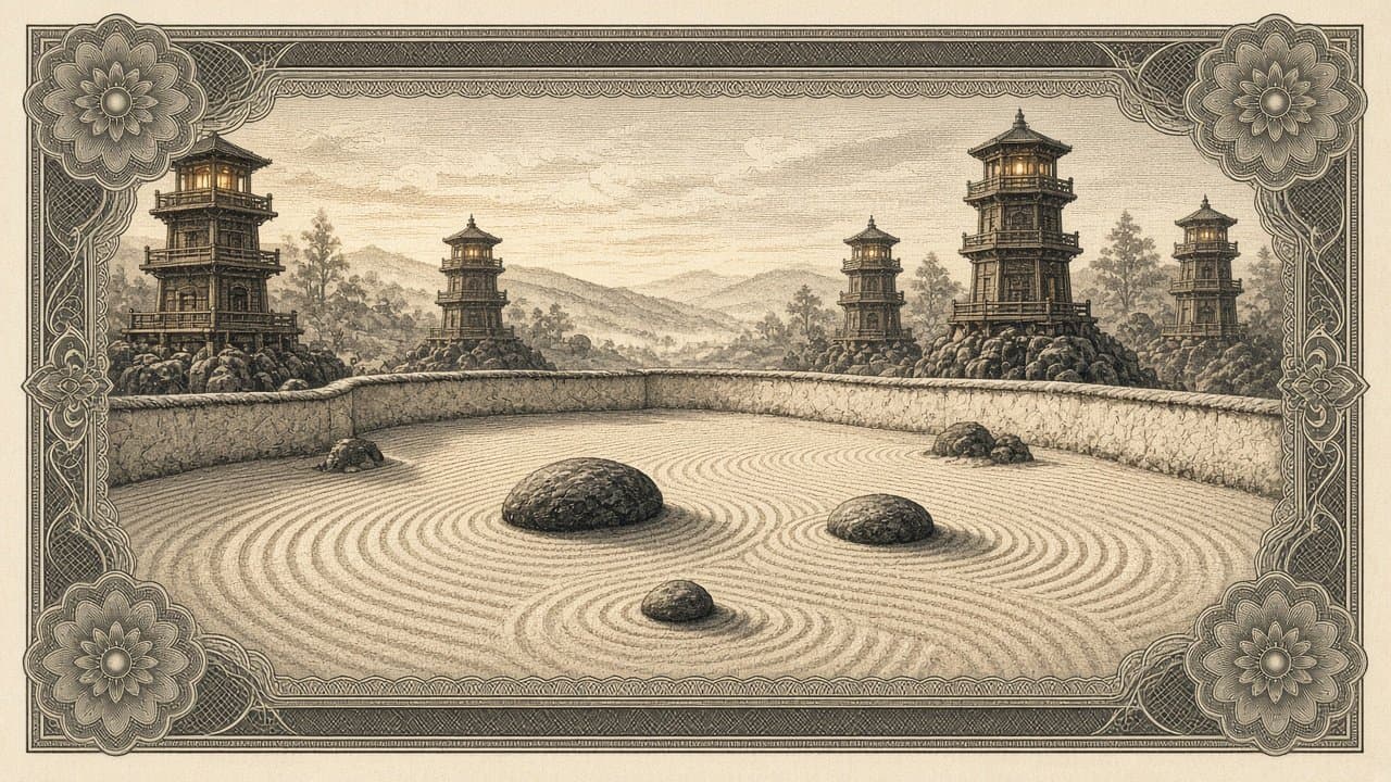 Lantern-topped wooden watchtowers stand around a walled garden of raked sand and smooth stones at dawn.