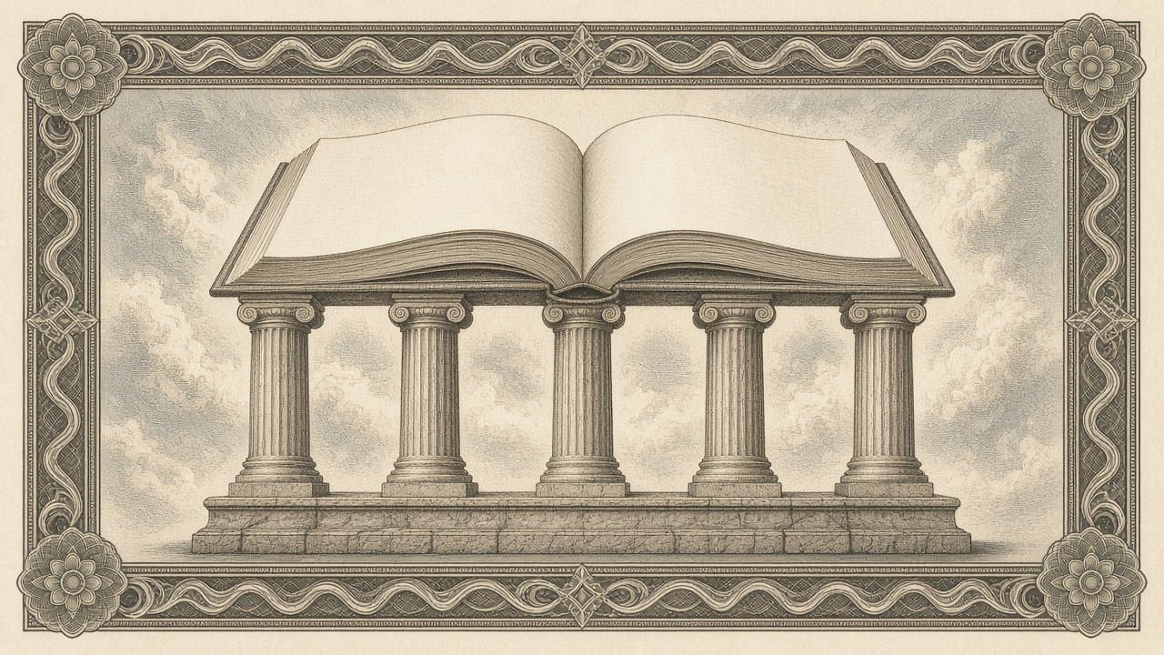 Five fluted stone columns on a stepped base hold up a large open book with blank pages against a cloudy sky.