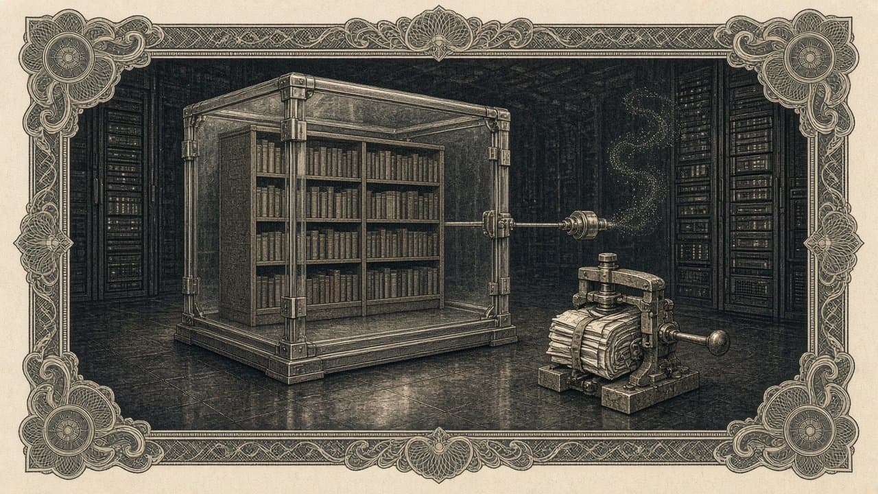 Sealed glass vault in a dark server hall holding a miniature library, its single network cable cut and capped as a faint trail drifts away, beside a small press squeezing a bundle of pages.