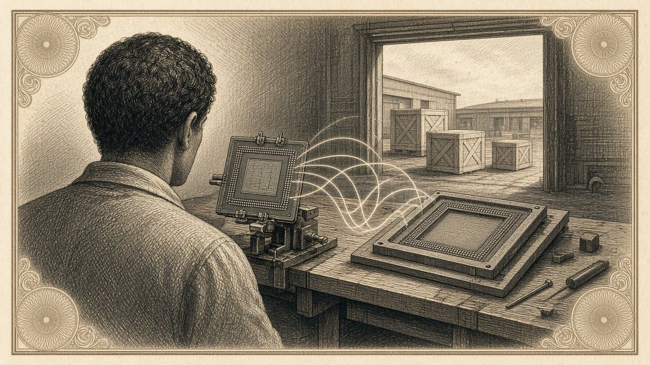 An engineer, seen from behind, studying a square chip in a clamp beside an empty socket, with glowing lines arcing between them and sealed crates on a loading dock beyond.