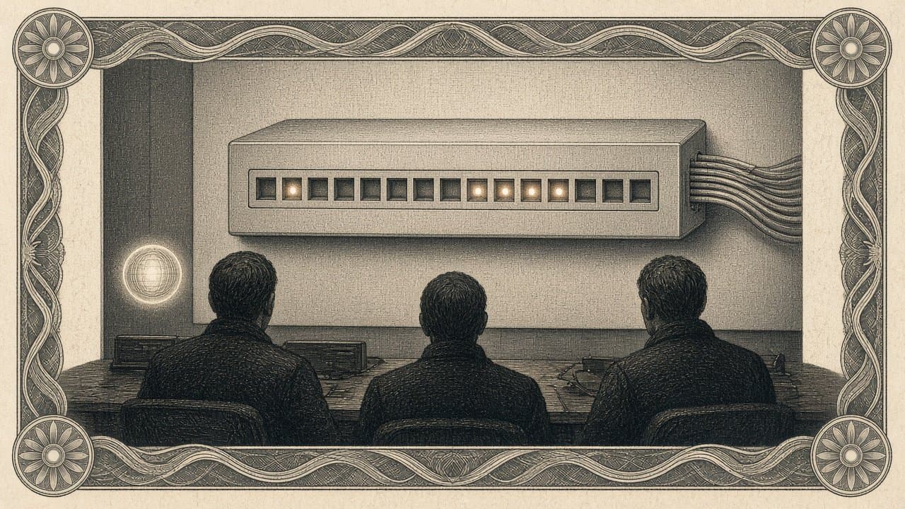 Analysts seen from behind in a dim operations room, a glowing helper orb beside them, facing a wall-mounted router with several highlighted ports.