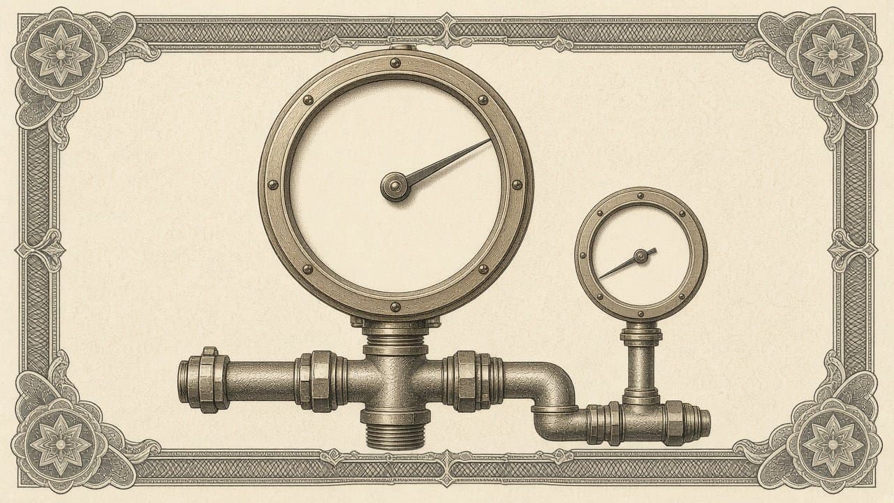 A large brass pressure gauge on pipework has its needle swung far round its blank dial, beside a smaller gauge whose needle sits low.