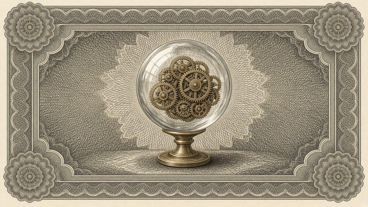 Interlocking brass gears sit inside a clear glass sphere on a small brass stand.