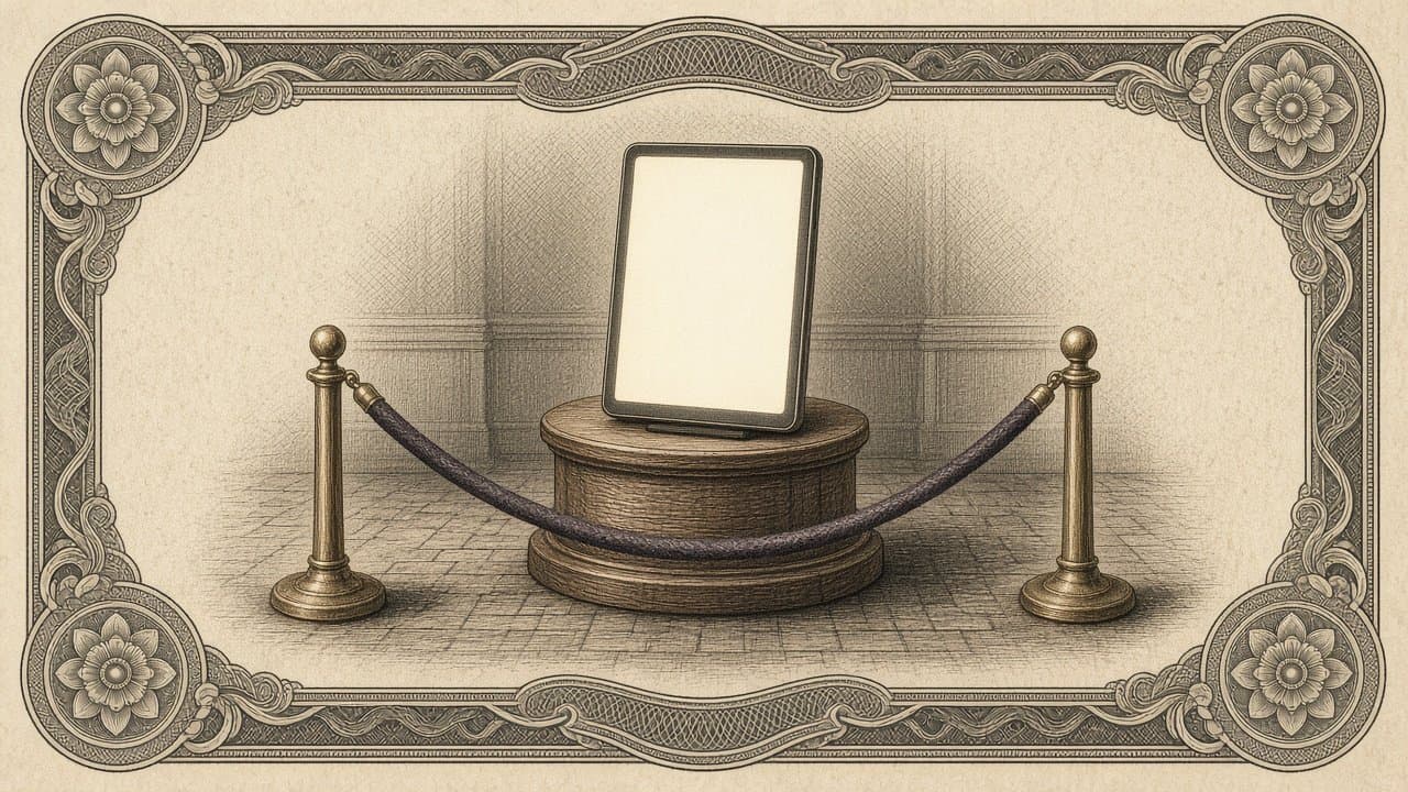 A tablet with a softly glowing blank screen stands on a wooden pedestal behind a velvet rope strung between two brass posts.