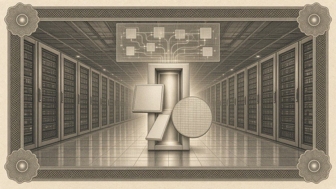A data hall where three different chip modules slide into one glowing server rack below a floating panel of linked blank tiles.