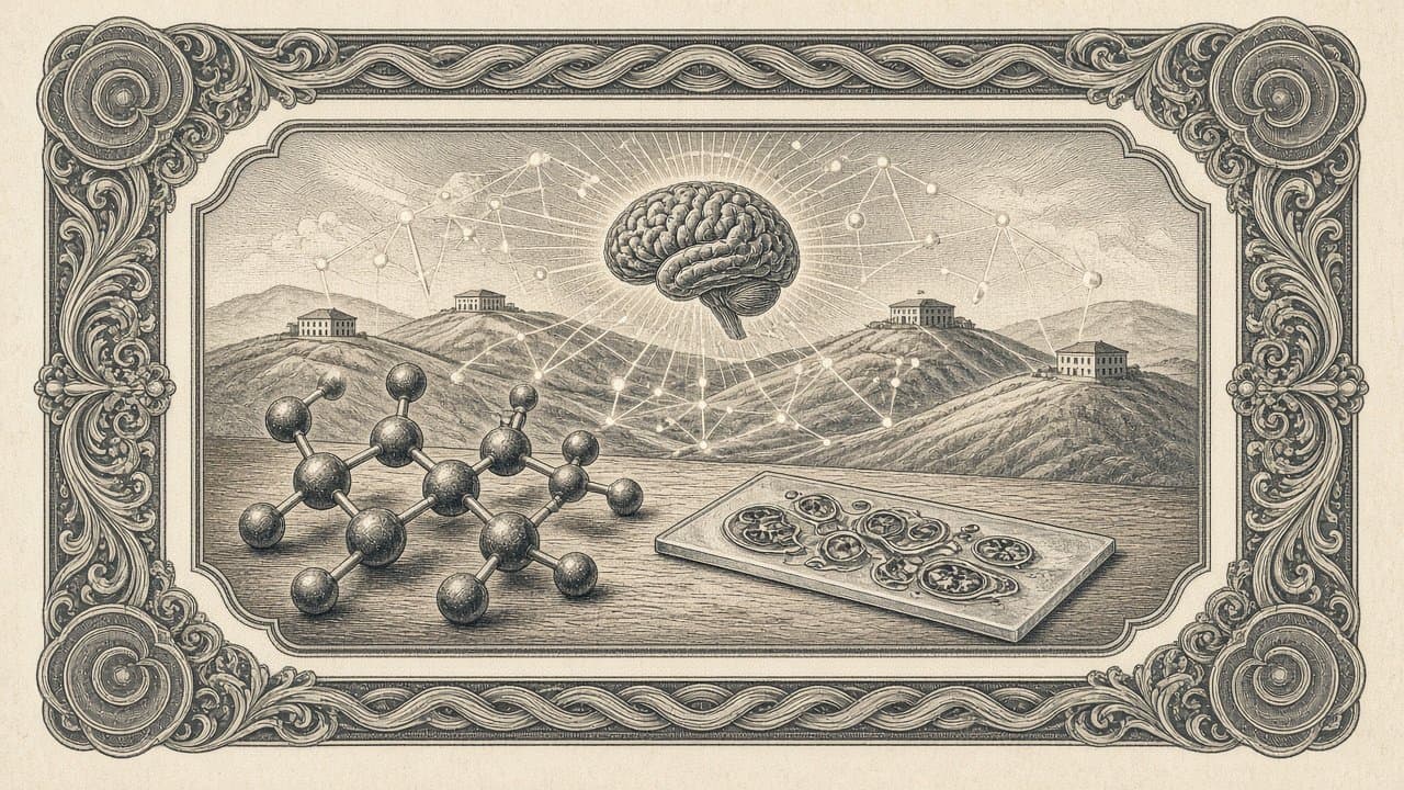 Molecule model and a pathology slide on a lab table, beneath an engraved brain linked by a node network to distant clinic buildings on hills.