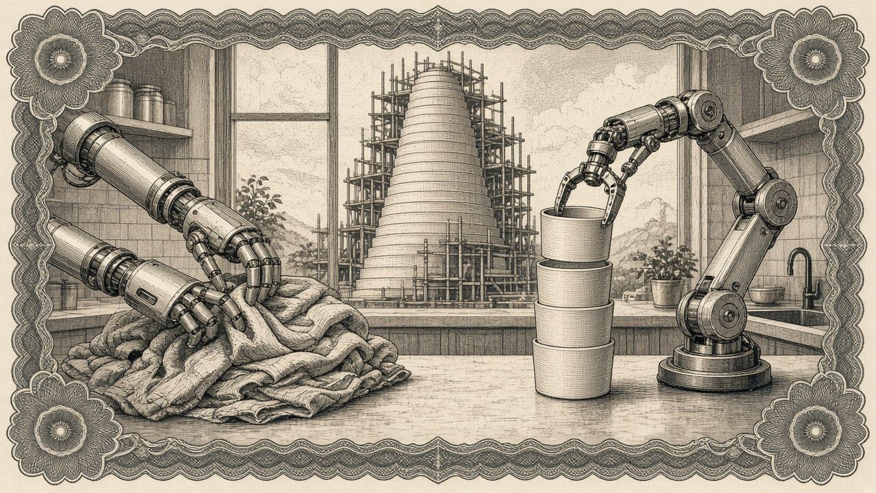 A workshop where robot arms fold laundry and stack cups beside an unfinished tower of plain coins in scaffolding.