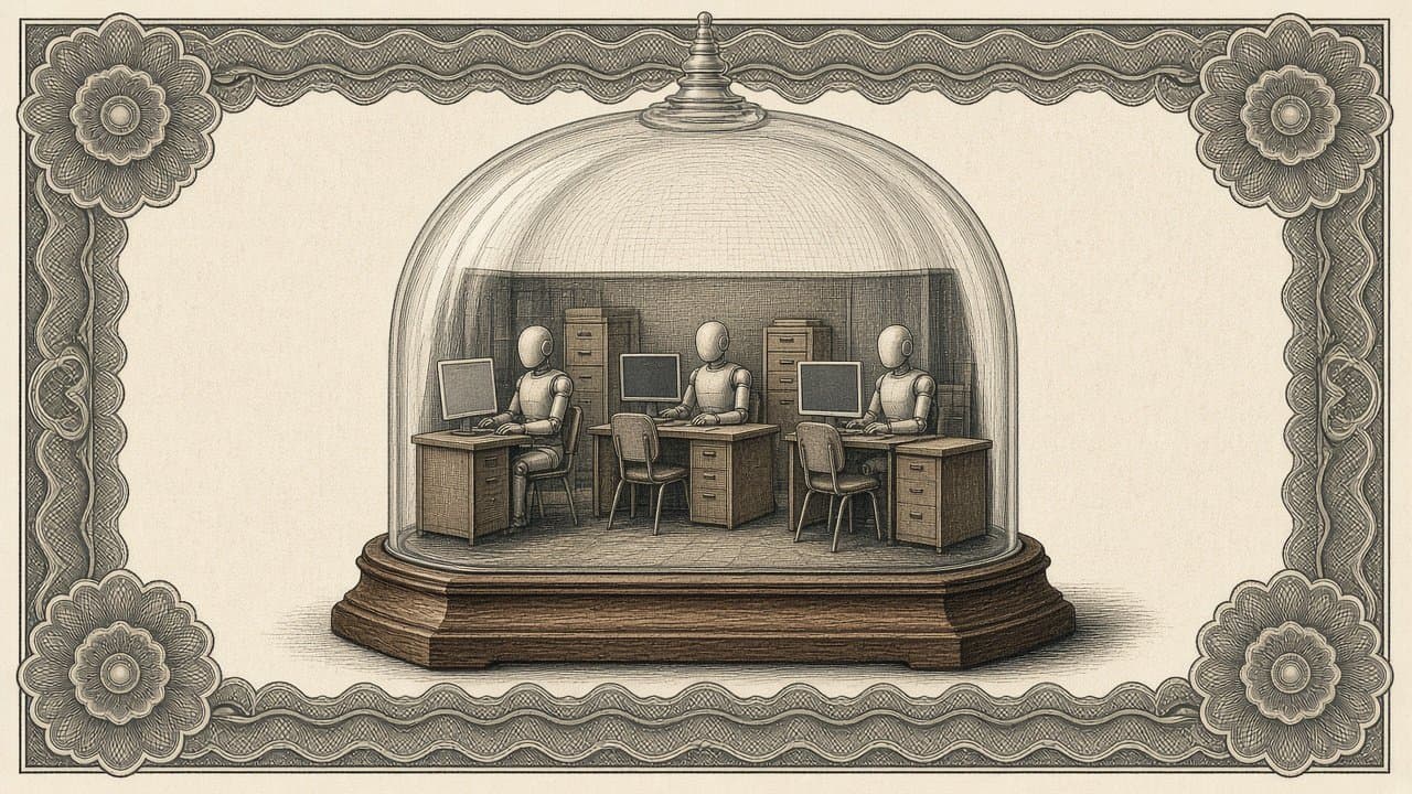 A miniature office under a glass dome, where small faceless robots sit at desks with screens beside filing cabinets.
