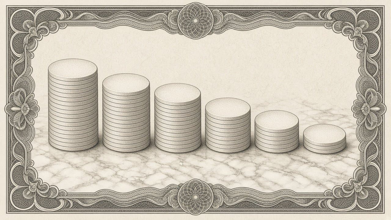 Stacks of plain blank tokens on a marble surface, stepping down in height from left to right.