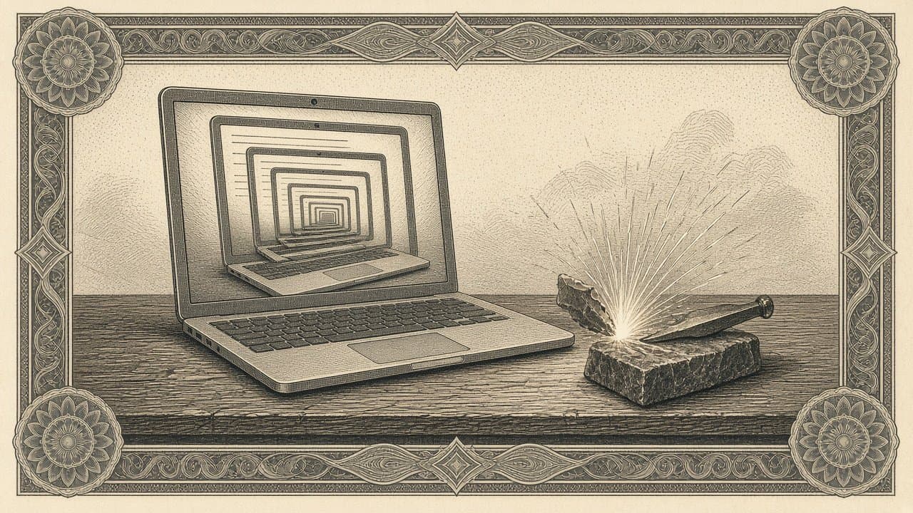 Engraved flint stone striking sparks onto an open laptop, the sparks forming small circuit traces, burnt-orange intaglio.
