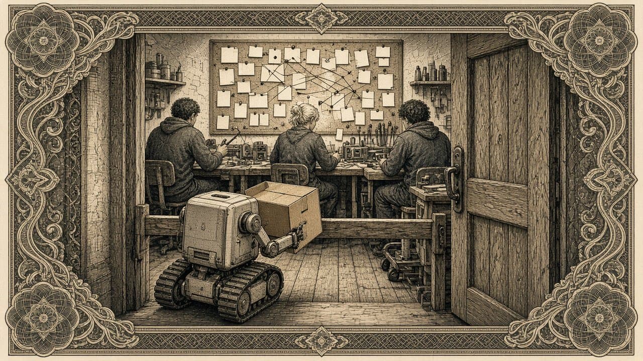 Hackerspace with contributors working at benches under a board of blank pinned cards, while a small robot carrying a box is stopped by a barrier at the door.