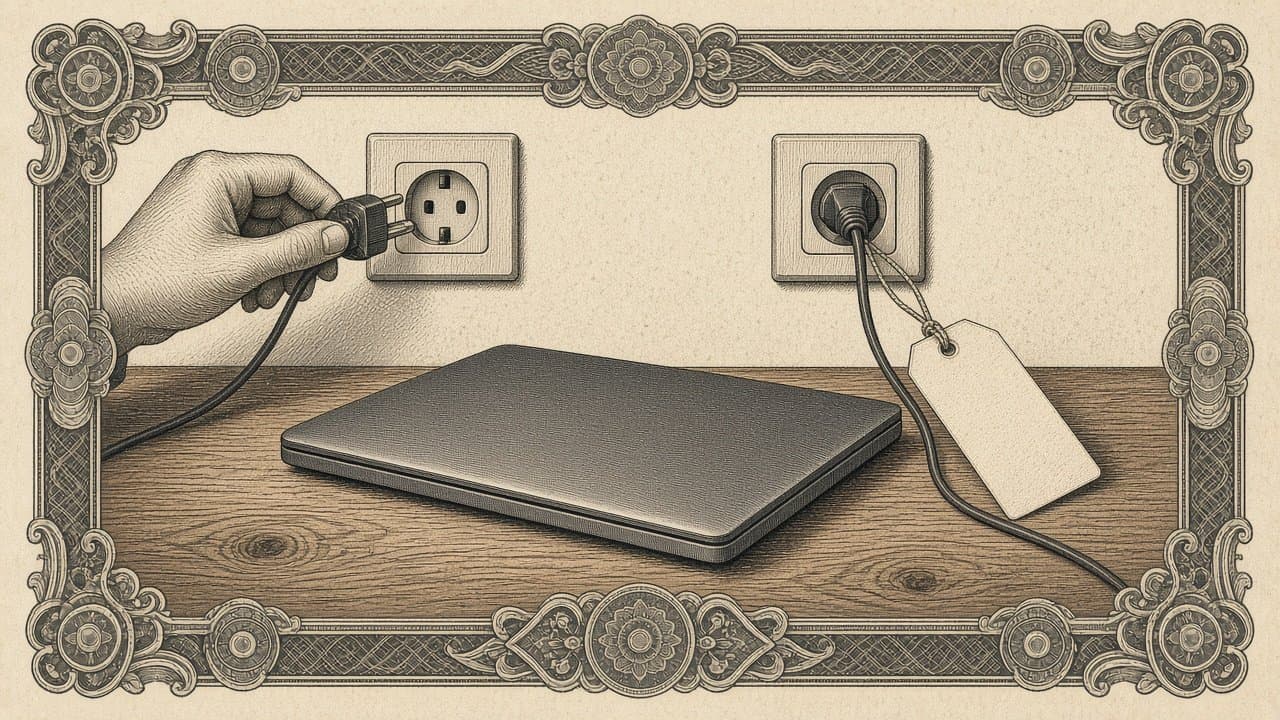 Closed laptop on a desk with two power cords, one being unplugged by hand and the other plugged in with a blank tag tied to it.