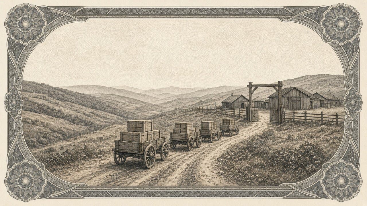 Wagons loaded with wooden crates roll along a winding dirt road through hills toward a farm depot whose wooden gates stand open.