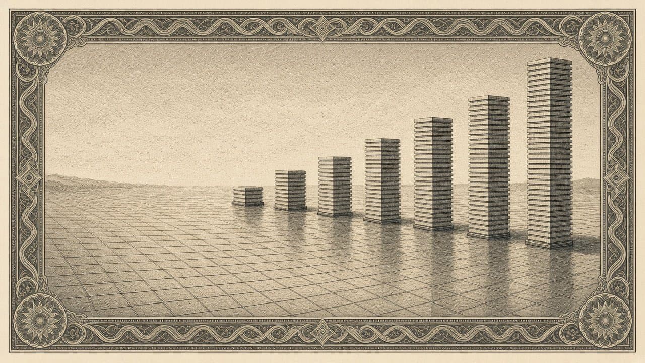 Towers of stacked memory dies rise in a row across a gridded wafer plain, each taller than the one before.