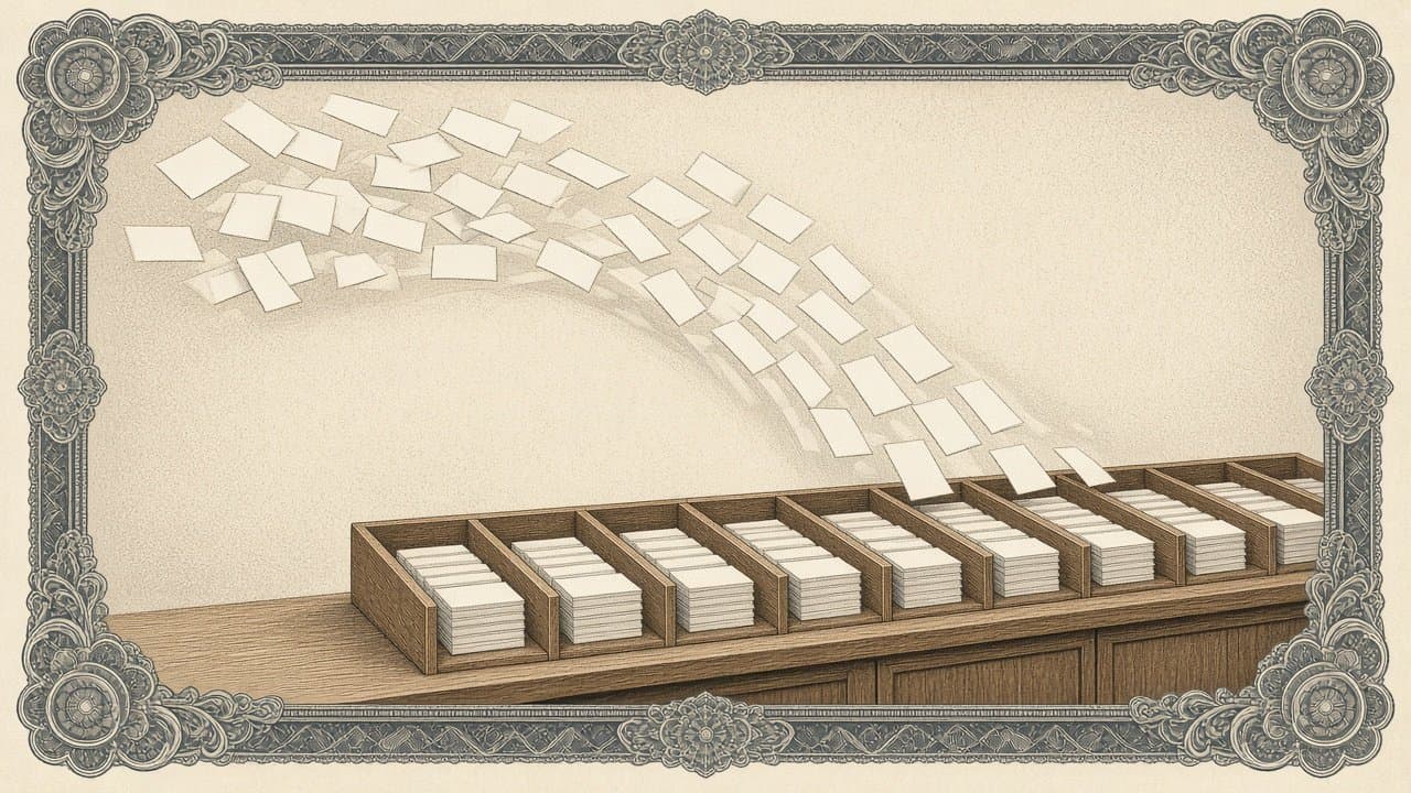 A curving stream of plain white tickets drifts through the air and settles into a long row of wooden sorting trays on a counter.