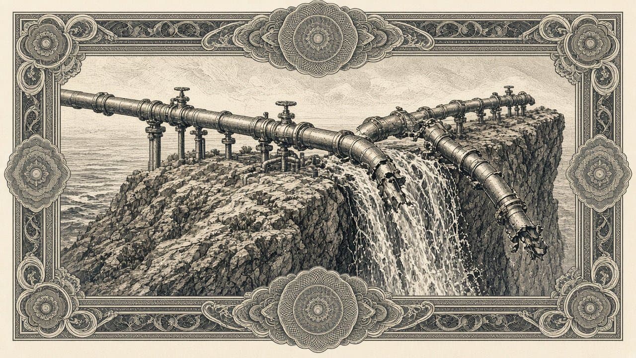 A line of brass pipes with valves runs along a clifftop and snaps apart at the edge, broken ends buckling over the drop as water pours into the chasm.