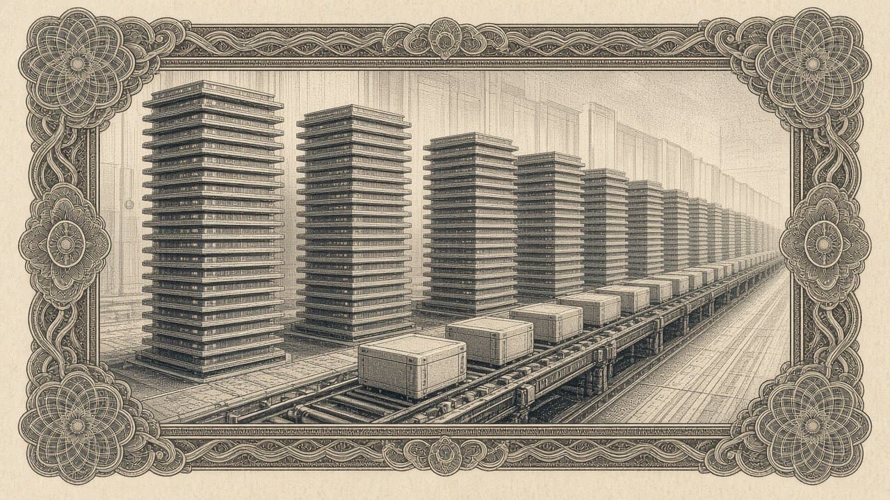 A city of skyscrapers built from stacked chip layers, with a conveyor carrying crates through the foreground.