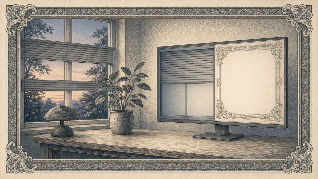 Minimal Nordic office at dusk where a monitor shows two blank panes dimmed behind a lowered shutter and a third framed pane glowing.