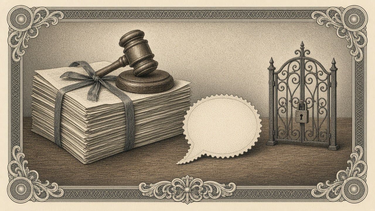Ribbon-tied stack of legal filings with a gavel on a plain table, beside a blank speech bubble and a small padlocked garden gate.