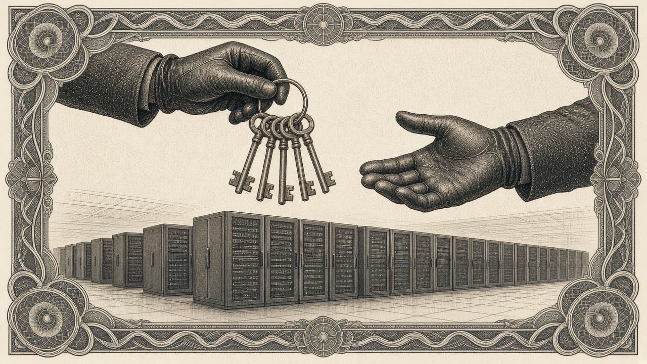 A gloved hand holds out a ring of old keys toward an open gloved hand above rows of server racks, the keys not yet handed over.