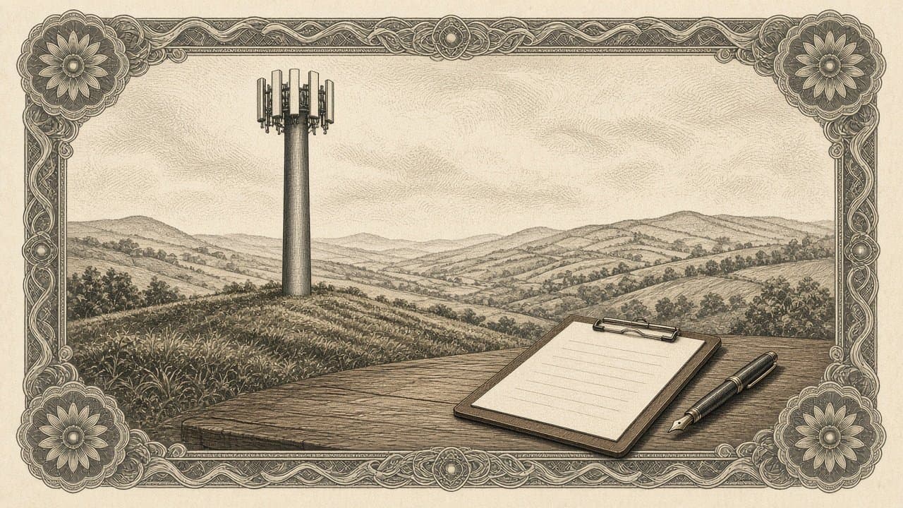 A clipboard with a blank ruled sheet and an uncapped fountain pen lies on a wooden table, a single-pole cell mast rising on a hill behind.
