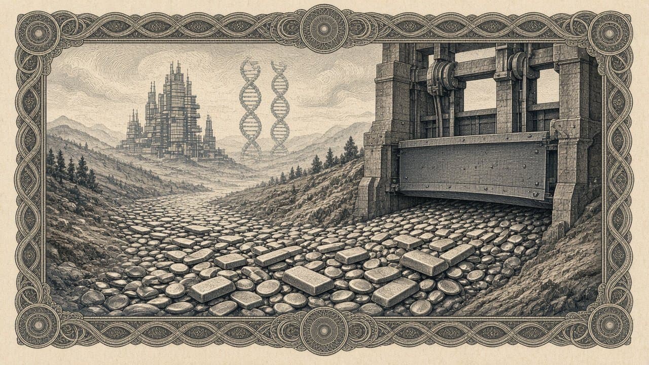 River of blank coins and ingots flowing under a half-lowered sluice gate, with distant spires and double-helix towers on the horizon.