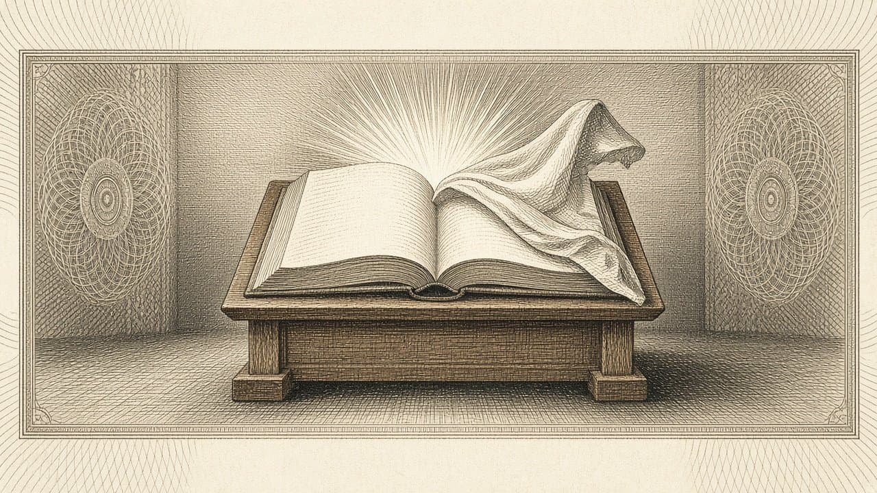 A large open blank book on a wooden lectern, with a cloth draped across one page and rays of light rising from it.