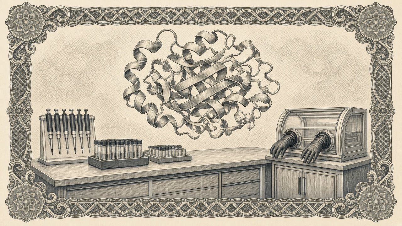 Biosecurity lab bench with a row of pipettes, racks of sample tubes and a glove box, beneath a large floating engraved protein structure.