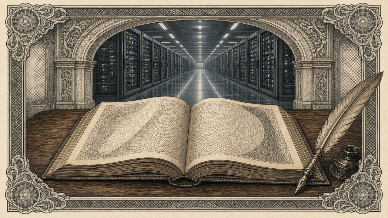 An open ledger whose pages are filled with fine illegible hatching sits on a desk beside a quill and inkwell, with a long server hall visible through an archway behind.