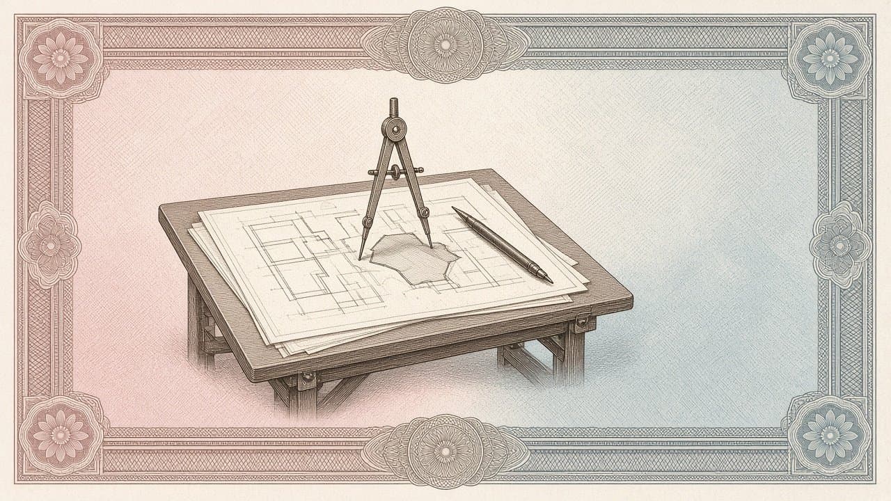 Engraved banknote-style illustration in dusty rose and blue-grey tints: blank architectural plan sheets on a wooden drafting table, with a drafting compass and a ruling pen beside a shaded plot outline.