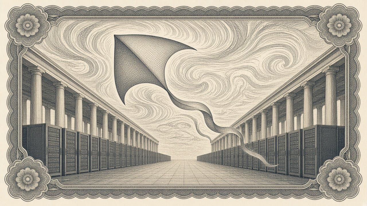 A smooth fabric kite with a long ribbon tail rides swirling updrafts above rows of server racks in an open-air colonnaded hall.