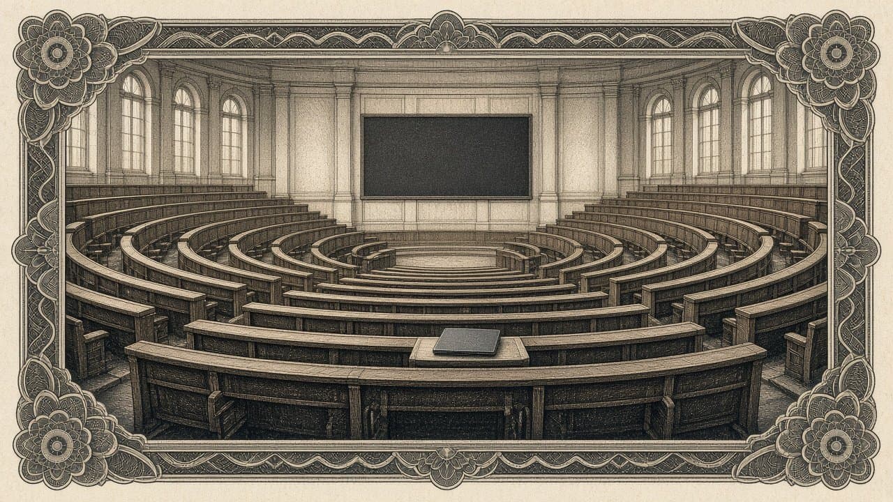 A tiered lecture hall with curved rows of empty seats faces a blank board, a single closed laptop resting on one desk.