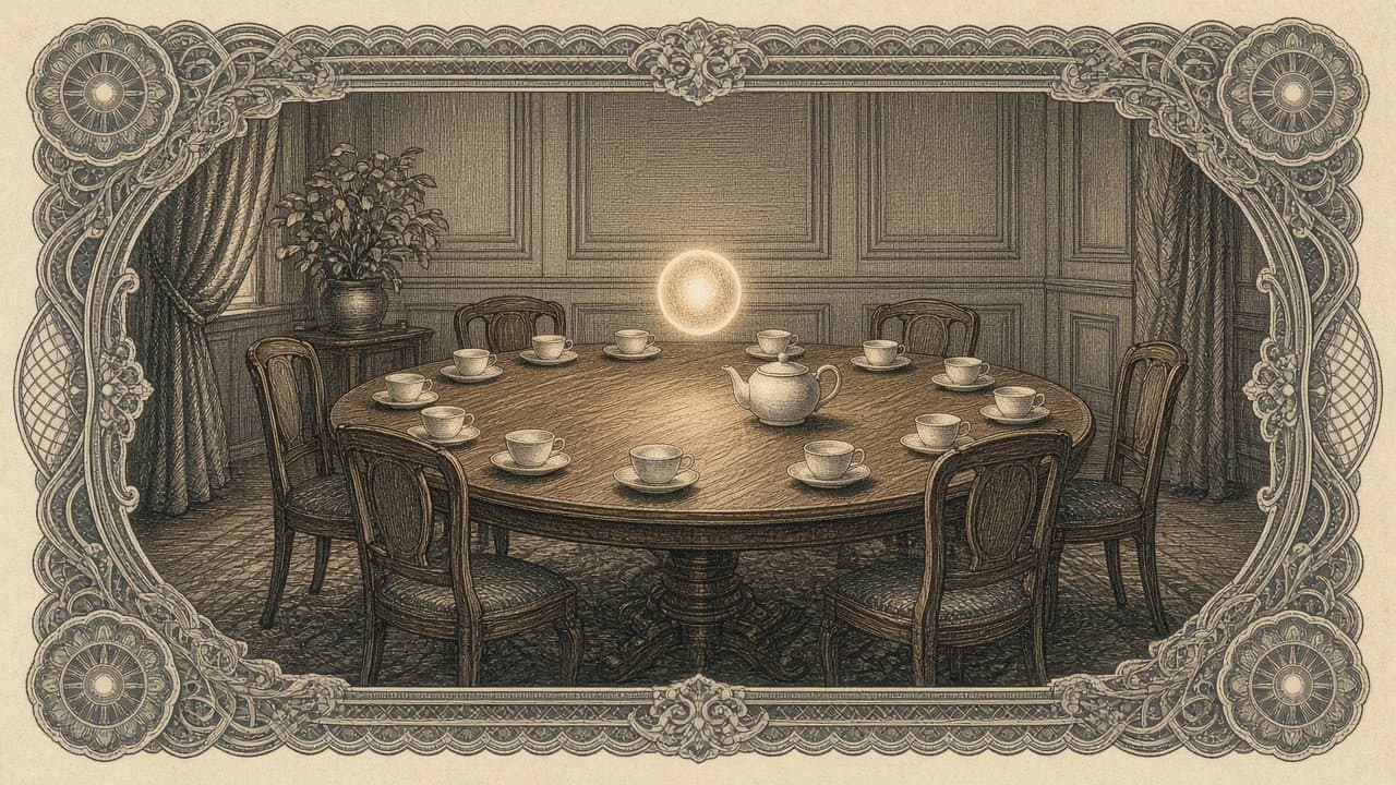 A round table set with teacups and a teapot sits among empty chairs in a panelled room, a small glowing orb hovering above its centre.