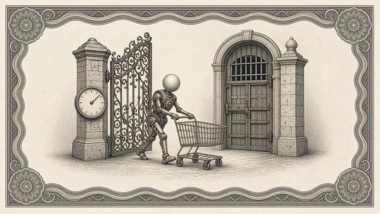 Engraved shopping cart pushed by a small robot figure through a turnstile gate marked with a spending-limit dial, navy and gold intaglio.
