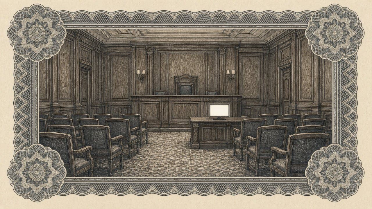 An empty wood-panelled courtroom with a vacant bench and rows of empty chairs, a single small screen glowing on the clerk's table.