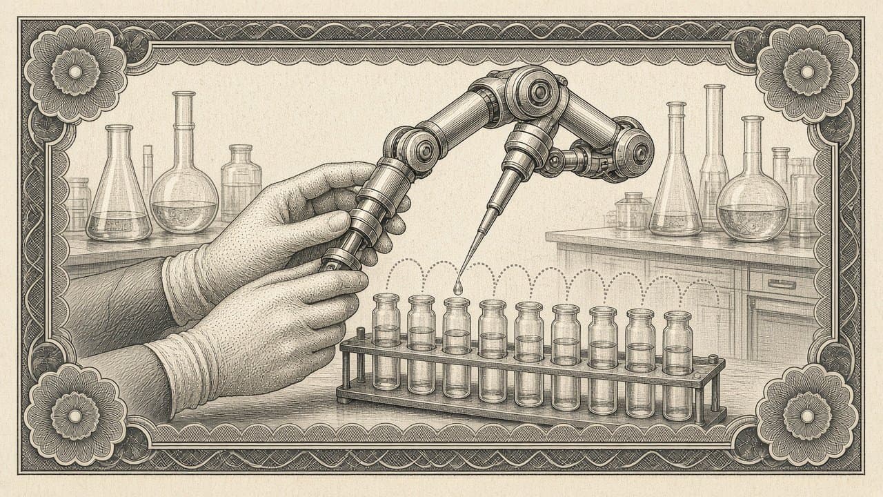 Engraved gloved hands guiding a robotic arm as it pipettes drops into a rack of vials, with lab glassware behind, sepia intaglio.