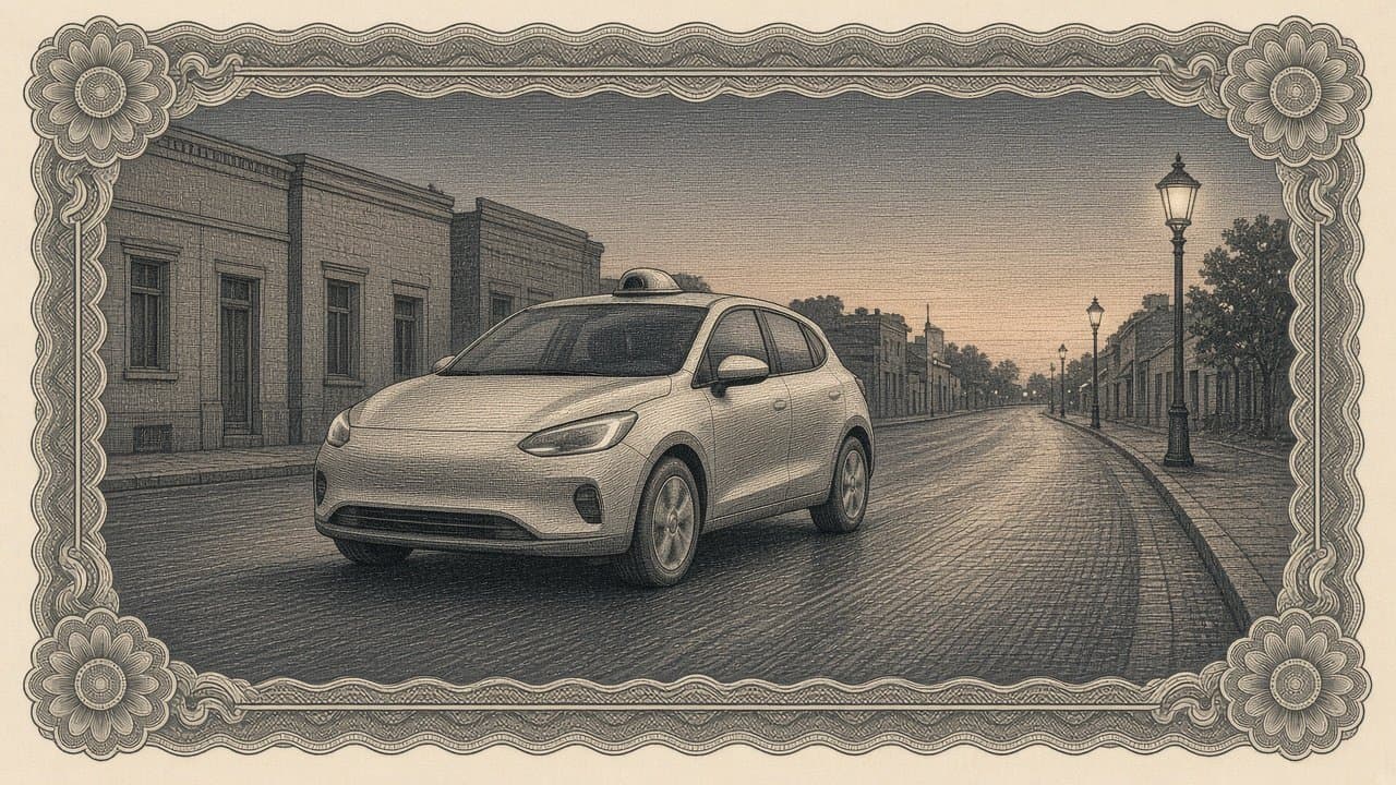 A compact car with a sensor dome on its roof drives alone down an empty cobbled street at dusk, lamps glowing along the pavement.