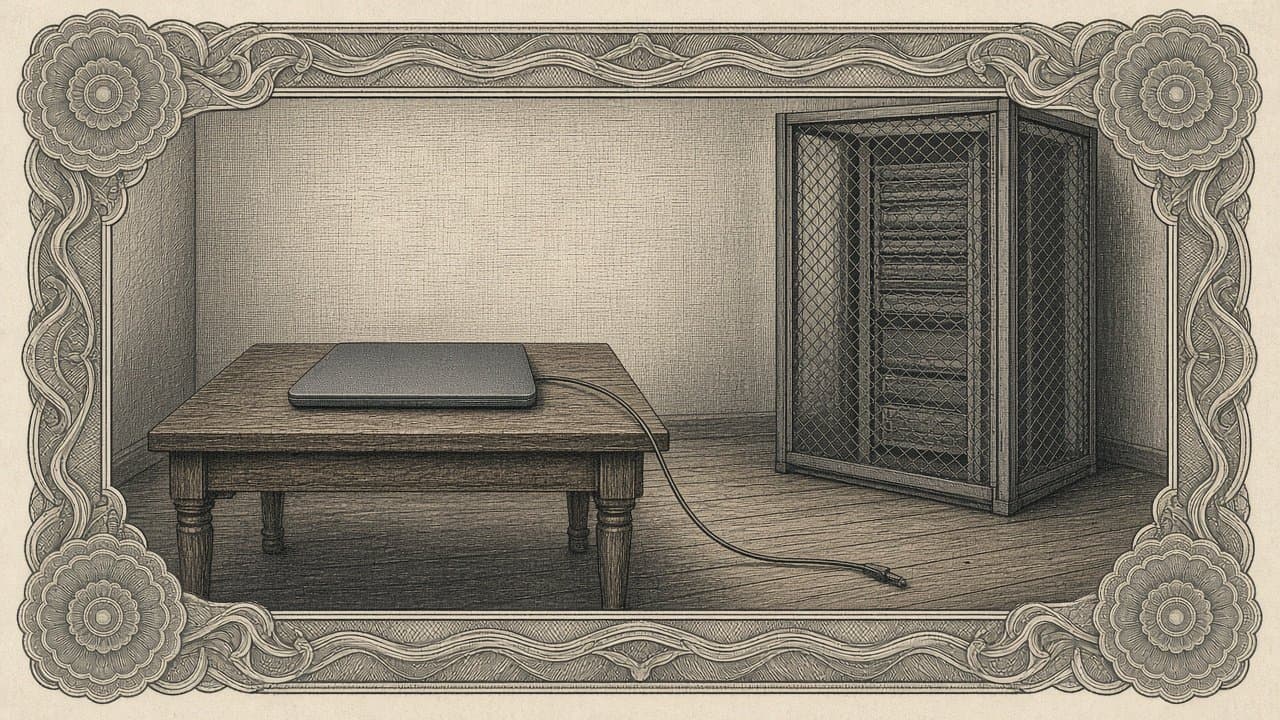 A closed laptop sits on a wooden desk in a quiet room, a loose cable trailing across the floor toward a locked wire-mesh cage of servers.