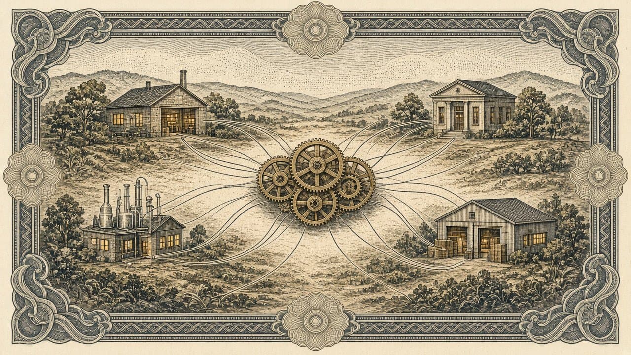 Central cluster of brass gears linked by fine threads to a workshop, an office, a lab and a warehouse with lit windows across a rolling landscape.